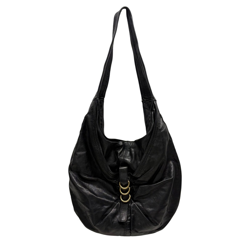 Kooba Hobo Shoulder Bag Slouchy Black Leather Triple Brass Ring Boho Indie Y2K